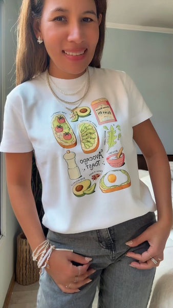 REMERA AVOCADO TOAST BLANCO MANGA CORTA DE ALGODÃ“N ESTAMPADA Cuello Redondo (Linea Amalfi)
