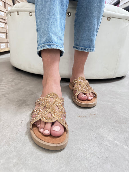 SANDALIAS MARU BEIGE STRASS DORADO IMPJS
