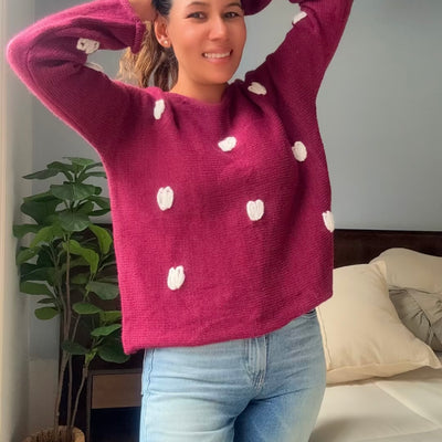 SWEATER TEJIDO CUORE VIOLETA EN LANA MOHAIR con CORAZONES BLANCOS BORDADO A MANOS