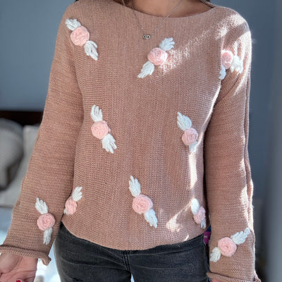 SWEATER TEJIDO NATURAL EN LANA MOHAIR con PIMPOLLOS bordados