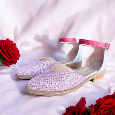 CHATITAS GUILLERMINA NINITA VALENTINA PUNTA FINA COMBINADO ROSA GLITER CORTE CORAZÓN TALON BLANCO Y PULSERA ROJA (Ed. Especial- San Valentin)