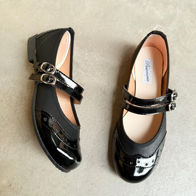 CHATITAS BALLERINA MAGNOLIA COMBINADA NEGRO Doble Tira Paralela y PUNTA REDONDA CHAROL NEGRO