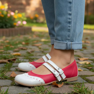 CHATITAS BALLERINA MAGNOLIA COMBINADA ROJO Doble Tira Paralela y PUNTA REDONDA CHAROL BEIGE