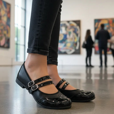 CHATITAS BALLERINA MAGNOLIA COMBINADA NEGRO Doble Tira Paralela y PUNTA REDONDA CHAROL NEGRO