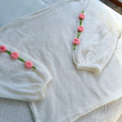 SWEATER TAIRA MANGA GLOBO NATURAL TEJIDO EN LANA MOHAIR FLORES ROCOCO