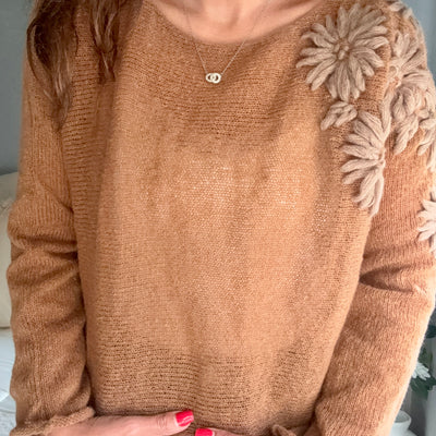 SWEATER PUNA TEJIDO SUELA EN LANA MOHAIR con FLORES CHOCO