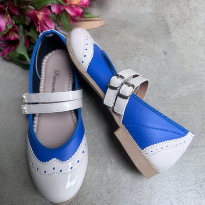 CHATITAS BALLERINA MAGNOLIA COMBINADA AZUL Doble Tira Paralela y PUNTA REDONDA CHAROL BEIGE