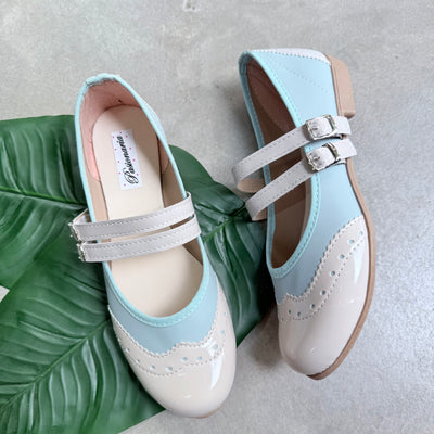 CHATITAS BALLERINA MAGNOLIA COMBINADA CELESTE Doble Tira Paralela y PUNTA REDONDA CHAROL BEIGE