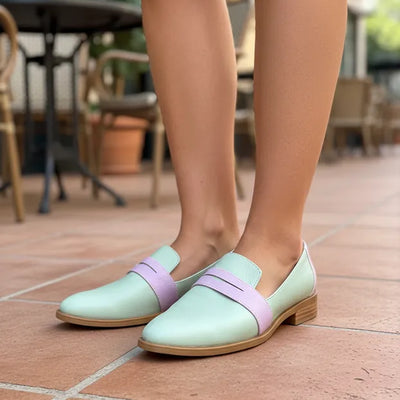 ZAPATOS MOCASINES CHATITAS IORIS VERDE AGUA VINCHA LILA Y TALONERA LILA