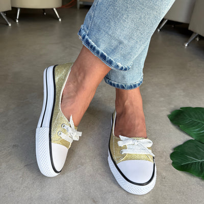 ZAPATILLAS CHATAS NARCIZA ORO ACORDONADAS DE LONA CON GLITERS
