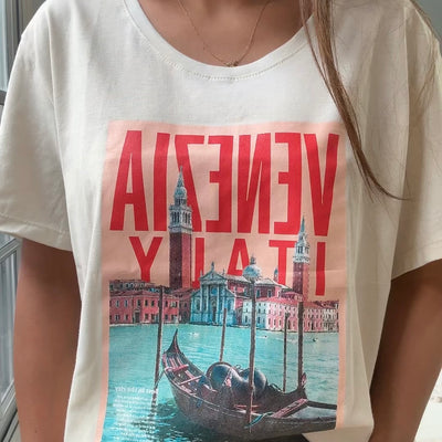 REMERA VENEZIA NATURAL MANGA CORTA DE ALGODÓN ESTAMPADA Cuello Redondo