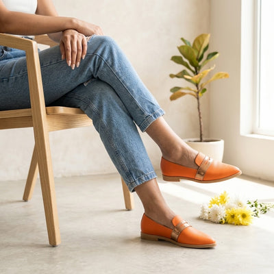 ZAPATOS MOCASINES CHATITAS IORIS NARANJA VINCHA COBRE Y TALONERA COBRE