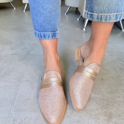 ZUECOS ISABEL LUREX ROSE GOLD Tipo SLIPPERS COMBINADO VINCHA ORO