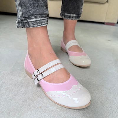 CHATITAS BALLERINA MAGNOLIA COMBINADA ROSA Doble Tira Paralela y PUNTA REDONDA CHAROL BEIGE