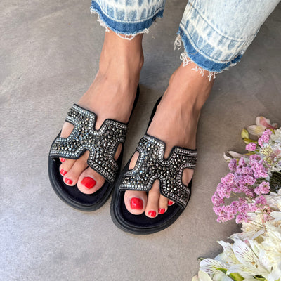 SANDALIAS FAJA H HILARIA CAPELLADA PIEDRAS NEGRO