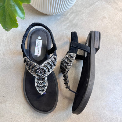 SANDALIAS LALI NEGRAS OJOTA STRASS PLATA Y CANUTILLOS NEGROS (IMPJS)