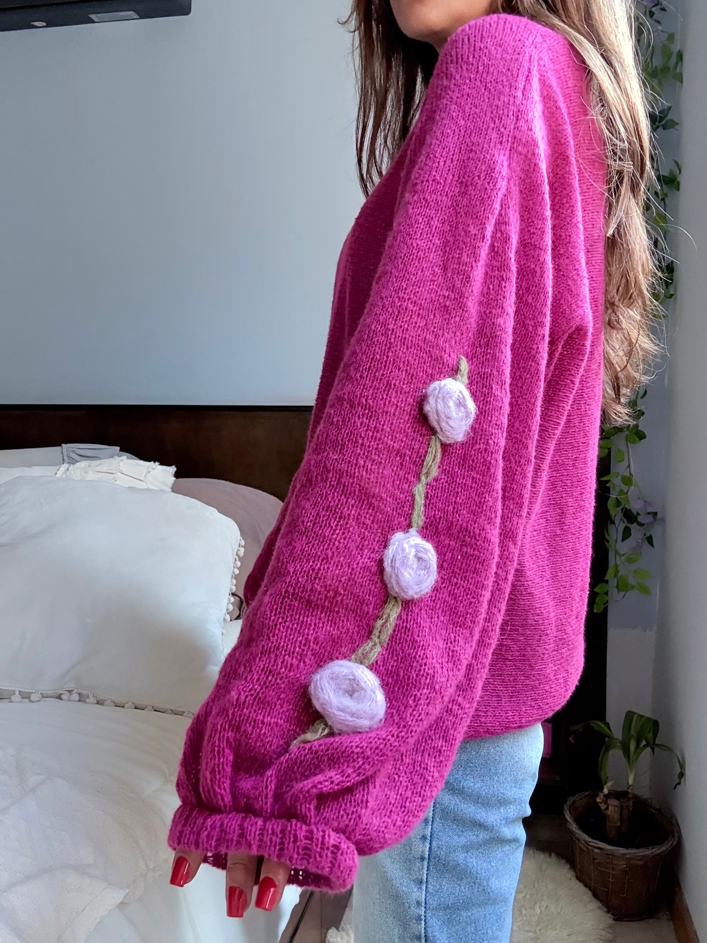 Mohair Jersey Rosa Lana SWEATER TAIRA MANGA GLOBO VIOLETA TEJIDO