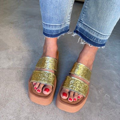 SANDALIAS FABIANA 2 FAJA ORO GLITTER PLATAFORMA BEIGE 6 CM