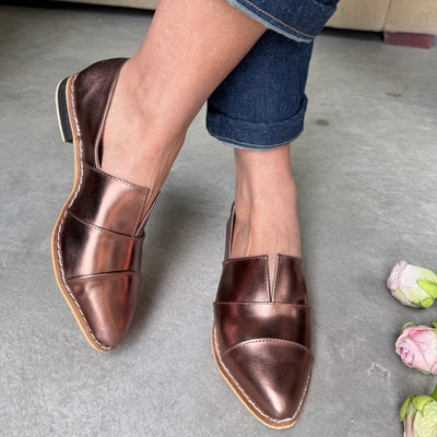 IMPERFECTLY BEAUTIFUL COPPER CHINITA FLATS WITH V-NECK AND POINTED TOE
