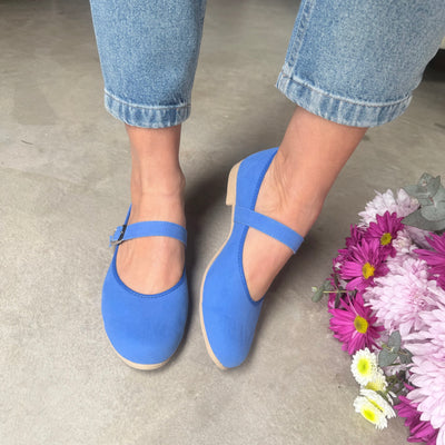 CHATITAS BALLERINA DAMINA GAMUZA AZUL Tira con hebilla y PUNTA REDONDA