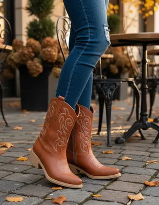 BOTAS TEXANAS NIKY BORDADA PUNTA FINA CIERRE LATERAL