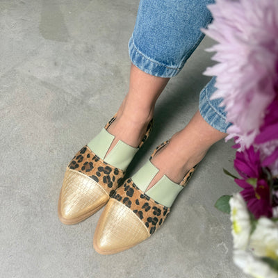 CHATITAS CHINITA ESCOTE V ANIMAL PRINT PELO PUNTA FINA combinado ORO y VERDE PISTACHO
