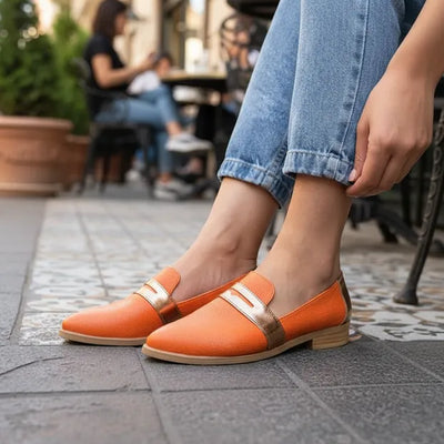 ZAPATOS MOCASINES CHATITAS IORIS NARANJA VINCHA COBRE Y TALONERA COBRE