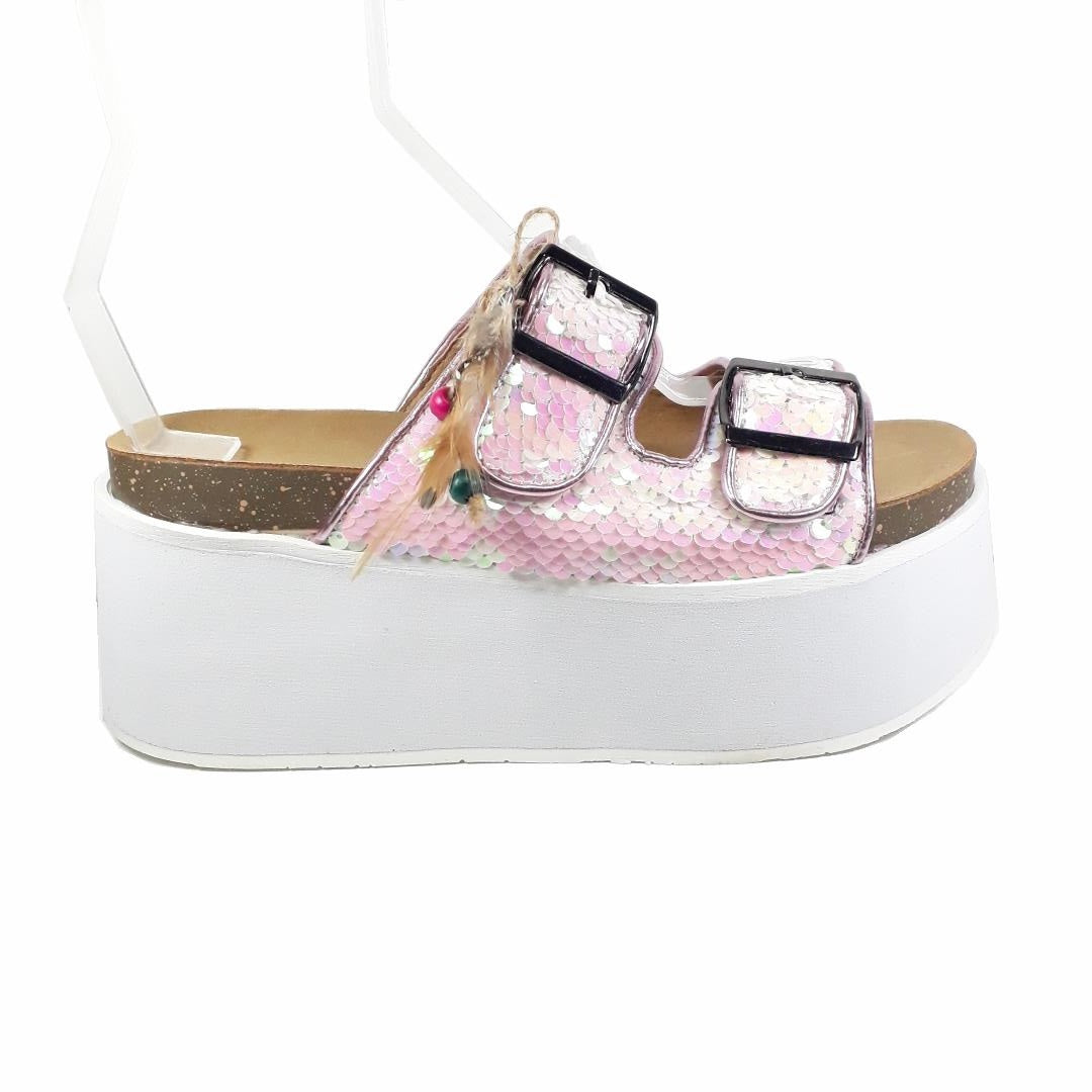 SANDALIA AMARU PLATAFORMA MUJER ESTILO BIRKEN DE CUERO ECOLÓGICO y LENTEJUELAS (ANCA Co)